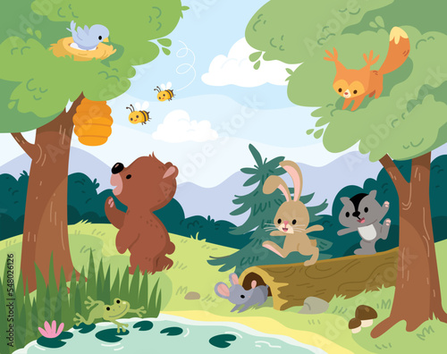 Image of vector cartoon animals that live in the forest. Group wild animals on green lawn. Forest fauna. Comic characters of woods inhabitants. Bird seating on the nest. Hare jumps on a log.