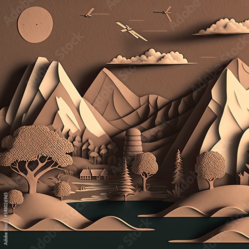 Papercut landscape of a beautiful forest in brown tones with tall mountains, big trees and a beautiful home in front of the lake photo