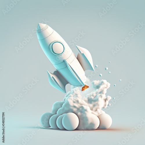 Rocket taking off with puffs of white smoke Isolated on white background. Cartoon mimal soft style. 3d illustration photo