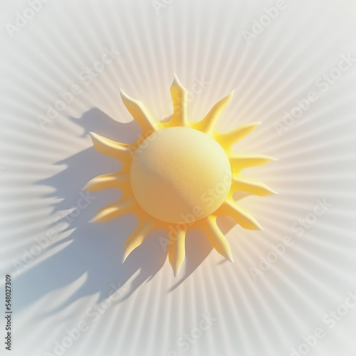 Yellow sun with big rays Isolated on white background. Cartoon mimal soft style. 3d illustration photo