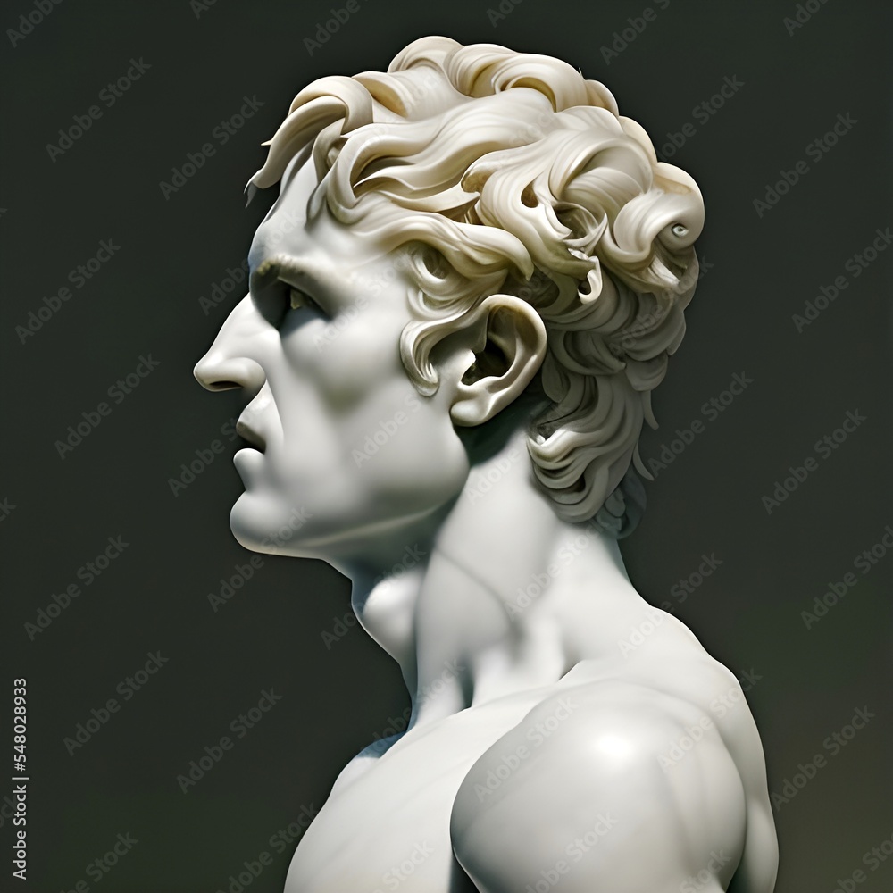 3D illustration featuring a white marble statue bust side profile of an ...