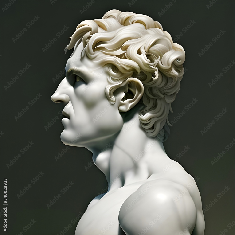 3D illustration featuring a white marble statue bust side profile of an