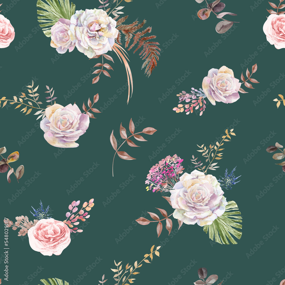 Fototapeta premium Seamless watercolor pattern with a flowers of roses and tropical herbarium in Boho style painted in watercolor for textile and fabrics