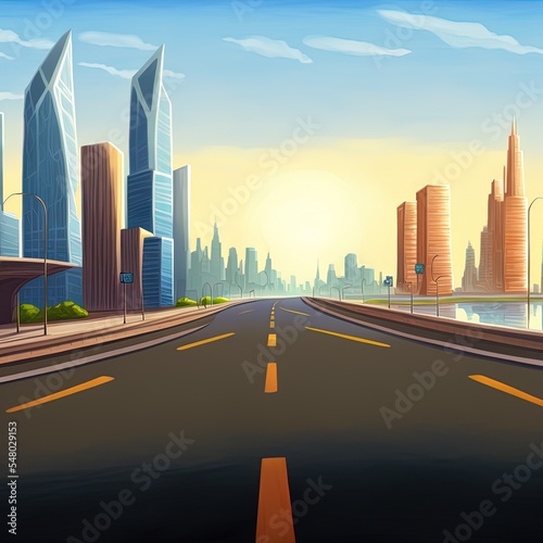 Empty asphalt road towards modern city
