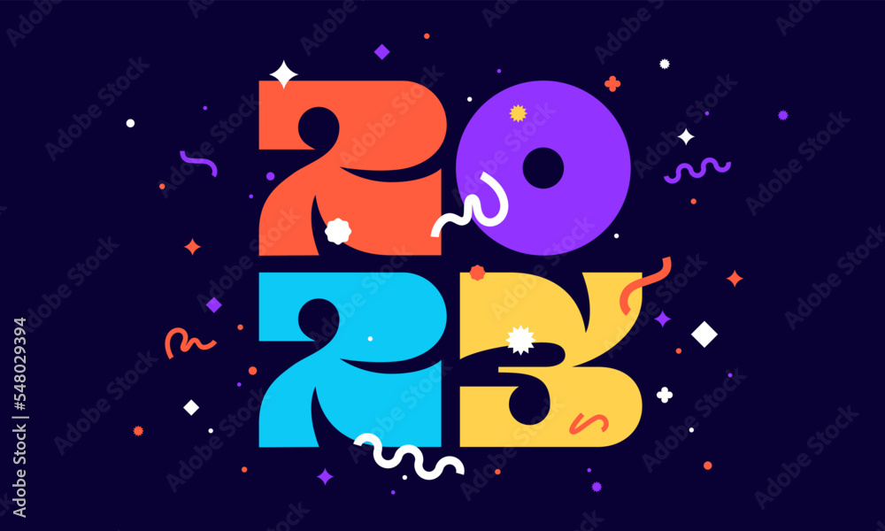 Happy New Year 2023. Geometric bright style for happy new year 2023. Holiday background, happy new year symbol for web, print. Greeting card, banner, poster with inscription 2023. Vector Illustration Happy New Year 2023. Geometric bright style for happy new year 2023. Holiday background, happy new year symbol for web, print. Greeting card, banner, poster with inscription 2023. Vector Illustration