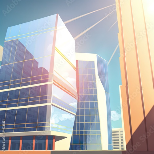 Vertical shot of modern office buildings with big reflective windows under the sunlight