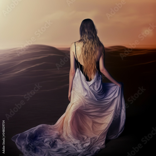 woman Desert Dreams: Ethereal Beauty Amidst Golden Sands  © Hassan