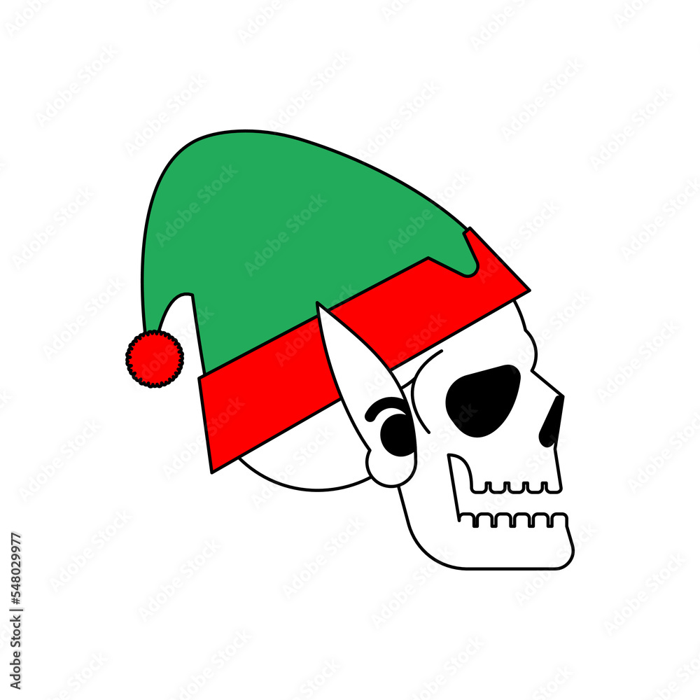 Christmas elf skull. Santa's helper skeleton head. Christmas and New Year scary illustration.