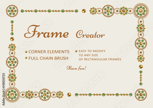 Frame creator with corner elements, round jewelry motifs, pattern chain brush. Easy to modify to various size of frame. Gold elements with green gems. White background. Vintage style.