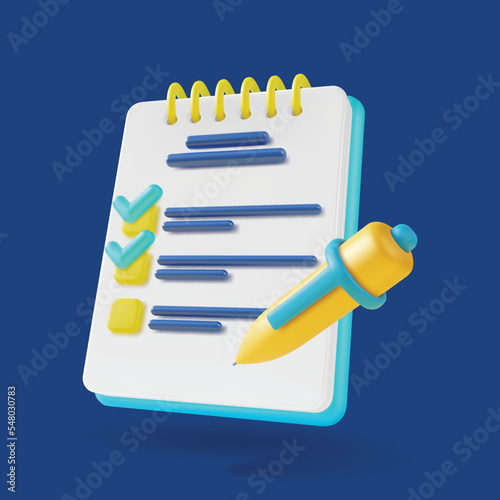 3d Clipboard with Checklist on a Sheet of Paper with Pen Set Plasticine Cartoon Style. Vector illustration