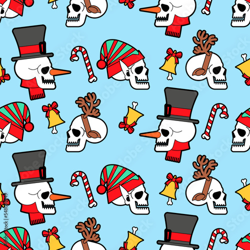 Christmas skulls pattern seamless. Skeleton head of Santa and his helpers texture. Christmas and New Year scary background.