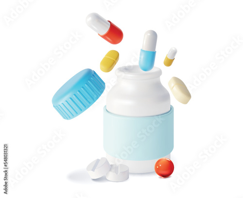 3d Pharmacy Drug Set Plasticine Cartoon Style. Vector illustration of Medicine Bottle with Different Pills and Capsule