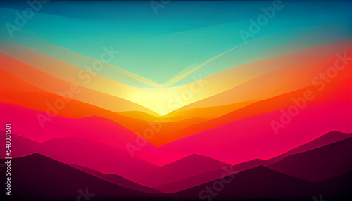 Abstraction. Illusion of a mountain landscape with a sunny dawn. Light green, blue sky.