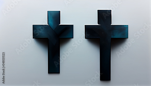 There are two dark crosses on a light white background.