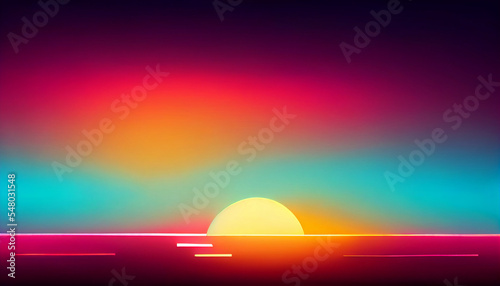 landscape abstraction. The sun rises above the white line of the sea horizon. Colored sky above.
