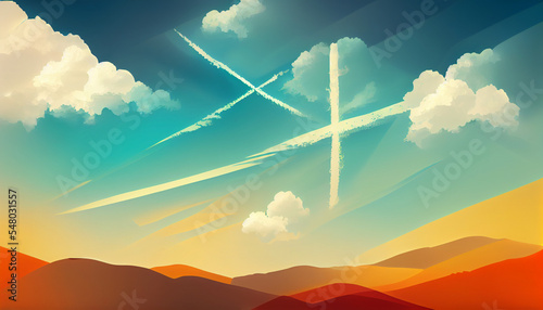 Abstraction. Landscape: yellow hills, blue sunny sky in light clouds, where two crosses appeared.