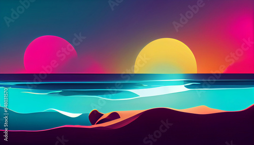 Futuristic sea landscape with illuminated waves. Dawn spirit suns - pink and yellow. Nice picture.