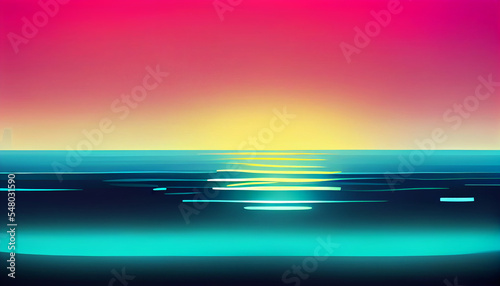landscape abstraction. The sea is green with waves reflecting light. Rose red sky at dawn.