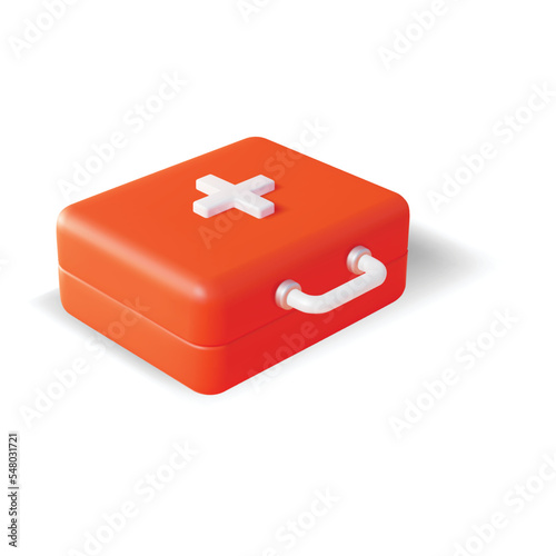3d Simple Red First Aid Kit with a White Cross Plasticine Cartoon Style. Vector illustration of Emergency Assistance Concept