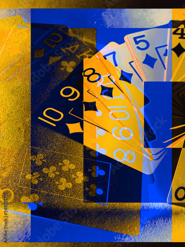 Abstraction - A fan of playing cards of diamonds and cross suits, on a yellow-blue background.