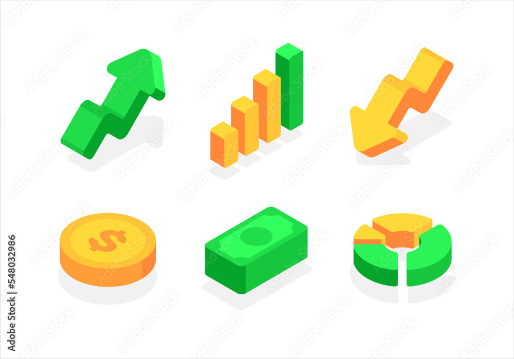 Obraz premium Economy related icons. Money, charts, exchanges. Flat, 3d, vector, isometric, cartoon style illustration isolated on white background.