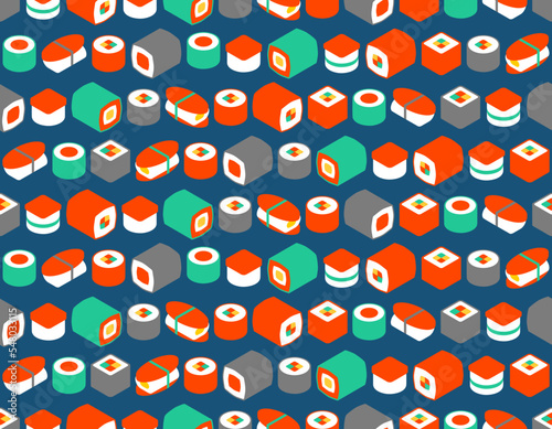 Sushi rolls pattern seamless. Traditional Japanese food background. Vector texture