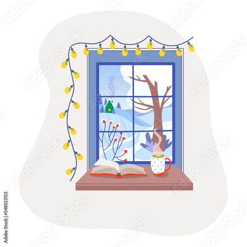 Winter window with rural view, book and cup on the sill. Cozy home concept, hygge time. Lifestyle vector illustration.