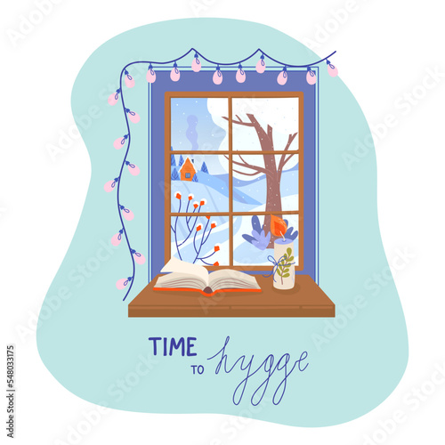 Winter window with rural view, book and candle. Cozy home concept, time to hygge. Lifestyle vector illustration.
