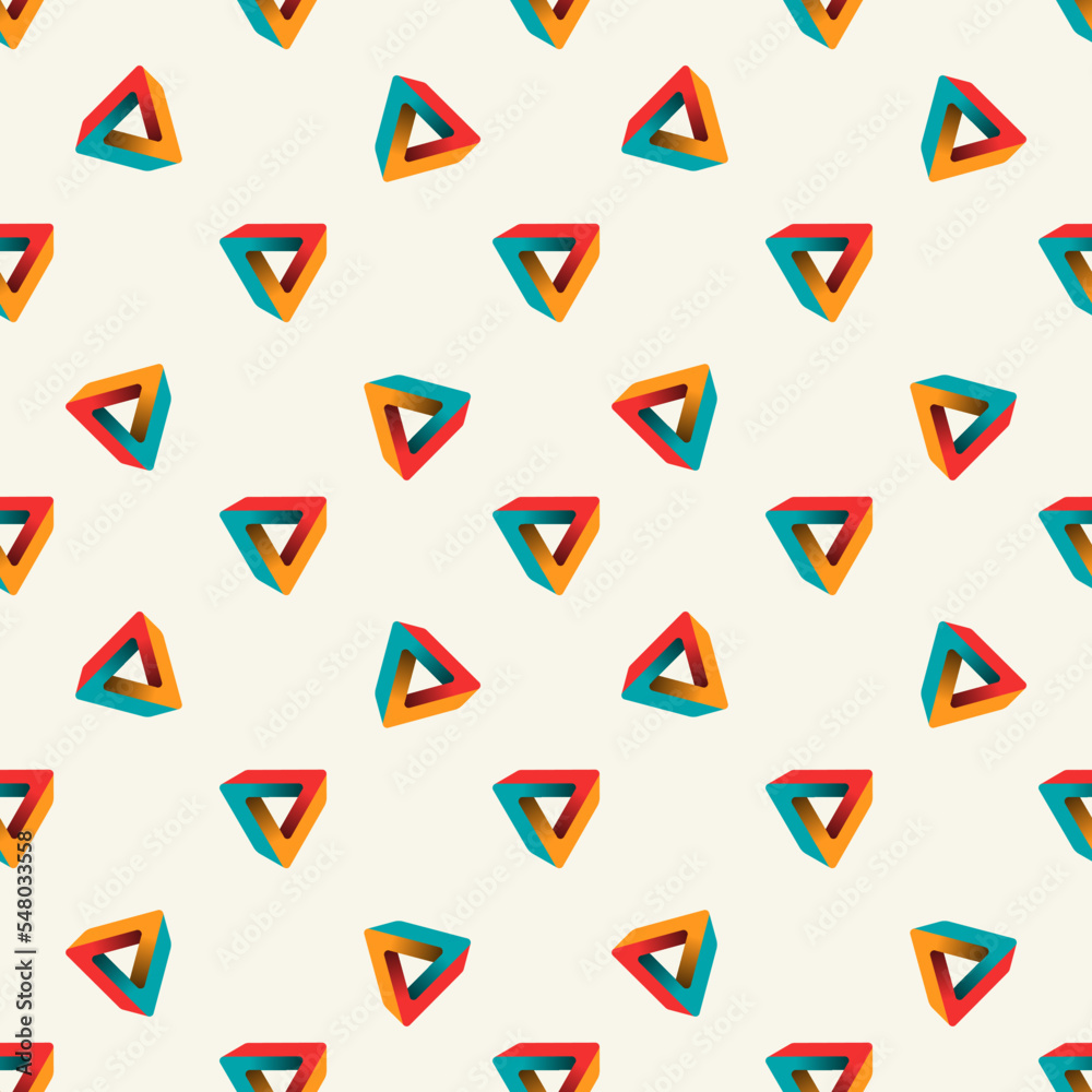 Abstract modern background with triangles. Seamless repeating vector pattern. Impossible Penrose triangles evenly spaced on a light background. Abstract modern background with triangles. Seamless repeating vector pattern. Impossible Penrose triangles evenly spaced on a light background.