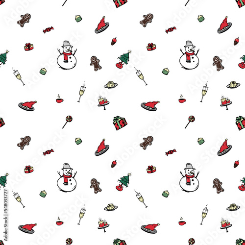 Hand drawn christmas object repeat pattern for wrapping paper, wallpaper, textile, packaging and other seamless printing work.