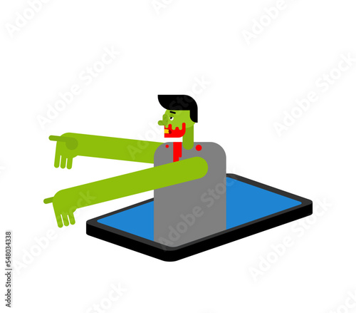 Zombie in smartphone. Zombi in gadget. Vector illustration