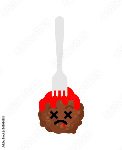 Meatballs on cartoon food fork. Meatballs of death, sauce like blood