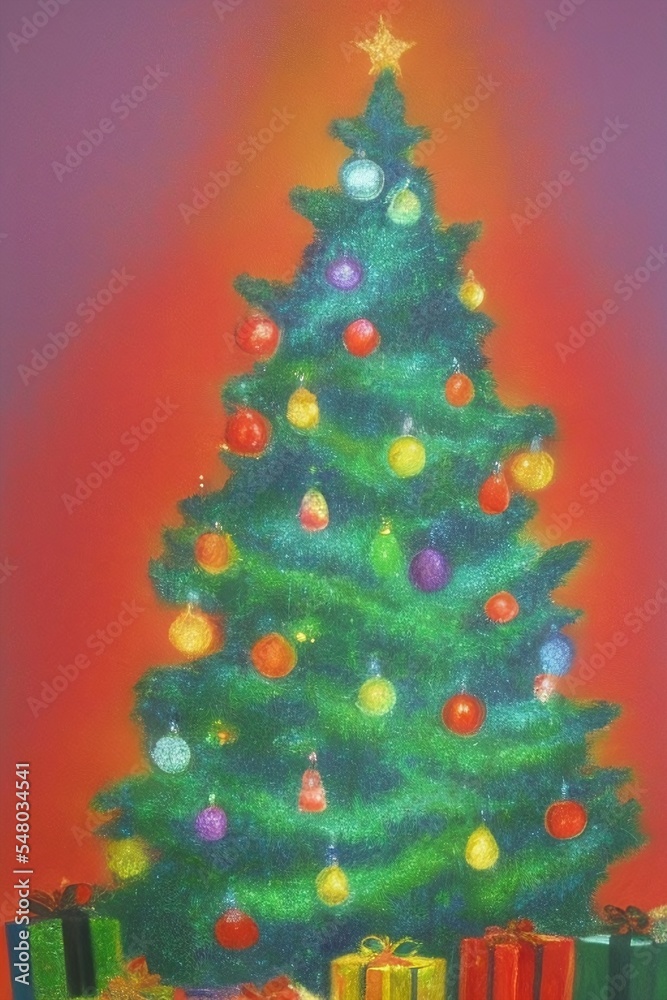 pastel art of christmas tree with presents below, made by AI, artificial intelligence pastel art of christmas tree with presents below, made by AI, artificial intelligence