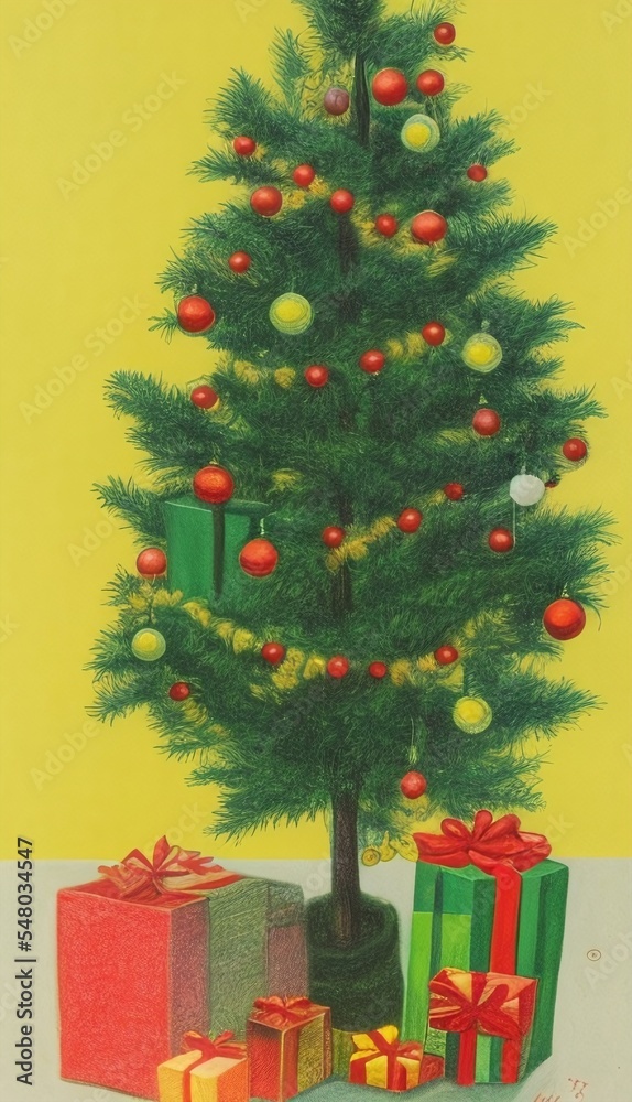pastel colored pencil art of christms tree with red and green presents, made by AI, artificial intelligence