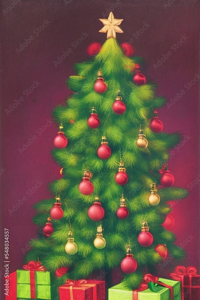 Fototapeta premium puffy paint illustration of christmas tree with red bulb ornaments, green and red presents