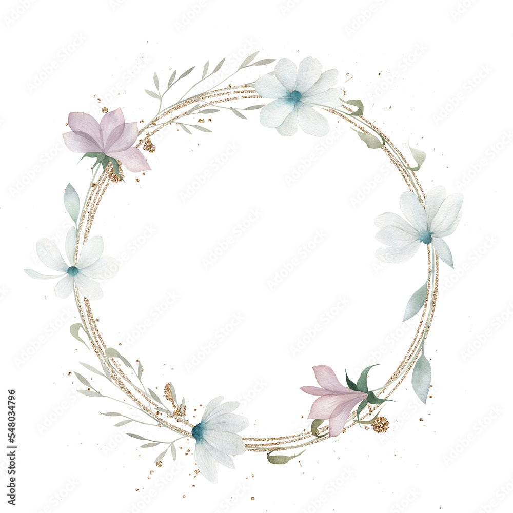 Watercolor wreath with delicate flowers and golden spray. Hand drawn floral illustration on white background.