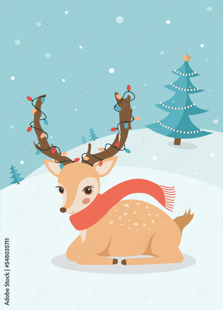Christmas card with cute reindeer and christmas tree Christmas card with cute reindeer and christmas tree