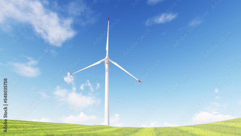 Fototapeta premium Panoramic view of wind farm or wind park, with high wind turbines for generation electricity with copy space. green energy concept. Windmills in the on a beautiful bright day. 3d rendering.