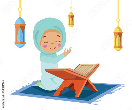 cute happy boy reading quran