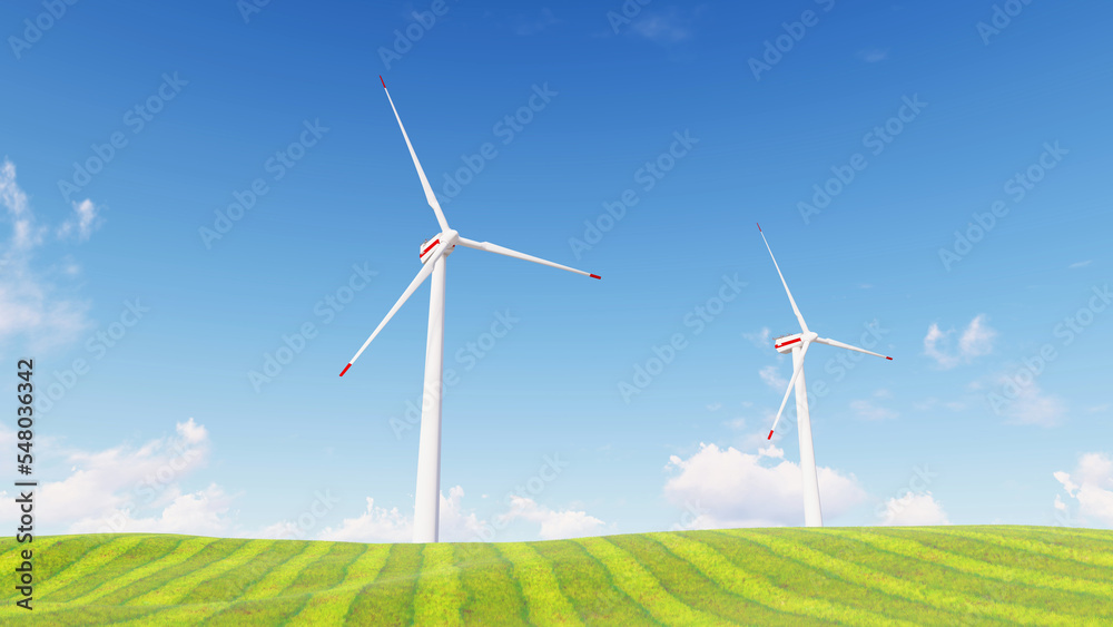 Fototapeta premium Panoramic view of wind farm or wind park, with high wind turbines for generation electricity with copy space. green energy concept. Windmills in the on a beautiful bright day.