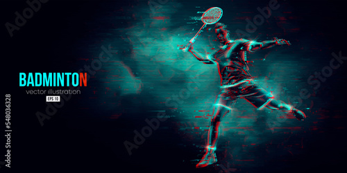 Abstract silhouette of a badminton player on black background. The badminton player man hits the shuttlecock. Vector illustration © Yevheniia