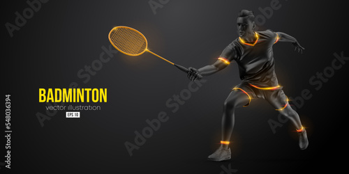 Abstract silhouette of a badminton player on black background. The badminton player man hits the shuttlecock. Vector illustration