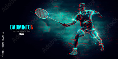Abstract silhouette of a badminton player on black background. The badminton player man hits the shuttlecock. Vector illustration