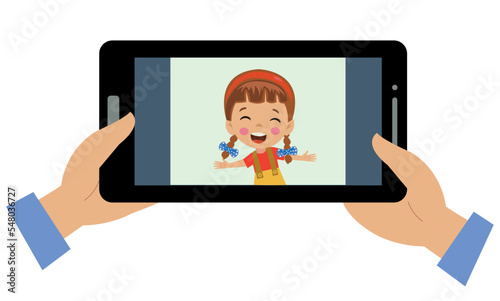 Video Conference. Cute little Kid using tablet for video call with friend. Children happy smile using internet technology for talking. girl face on screen. Vector cartoon illustration for call