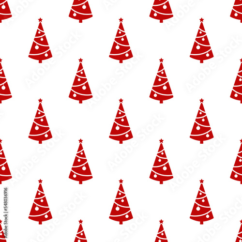 Small red Christmas trees isolated on white background. Cute monochrome festive seamless pattern. Vector simple flat graphic illustration. Texture.