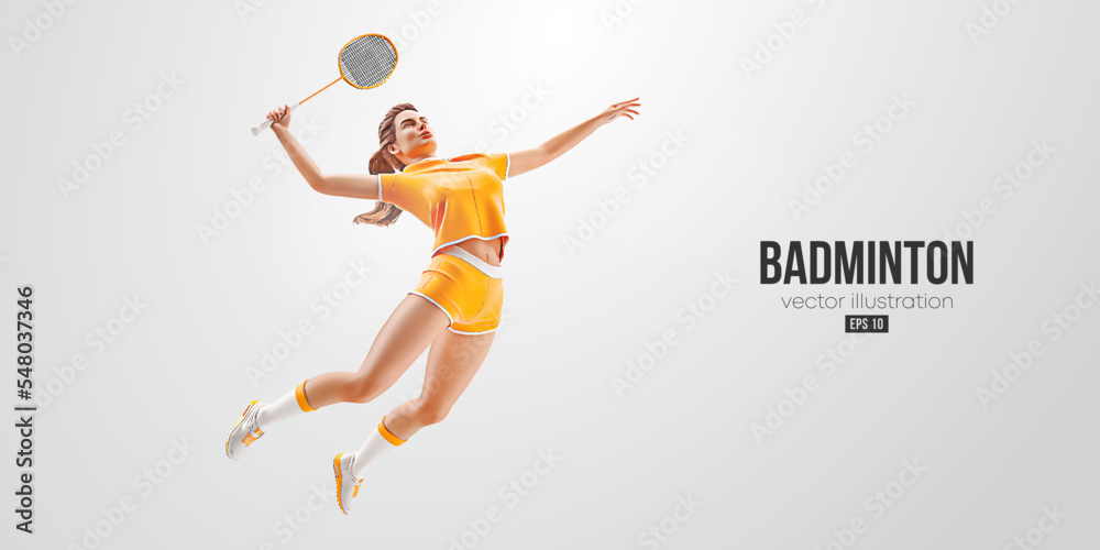 Realistic silhouette of a badminton player on white background. The badminton player woman hits the shuttlecock. Vector illustration