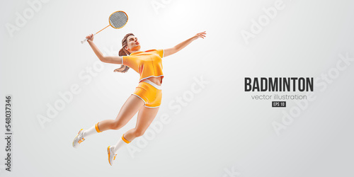 Realistic silhouette of a badminton player on white background. The badminton player woman hits the shuttlecock. Vector illustration