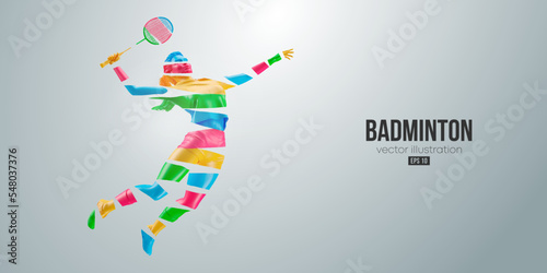 Abstract silhouette of a badminton player on white background. The badminton player woman hits the shuttlecock. Vector illustration