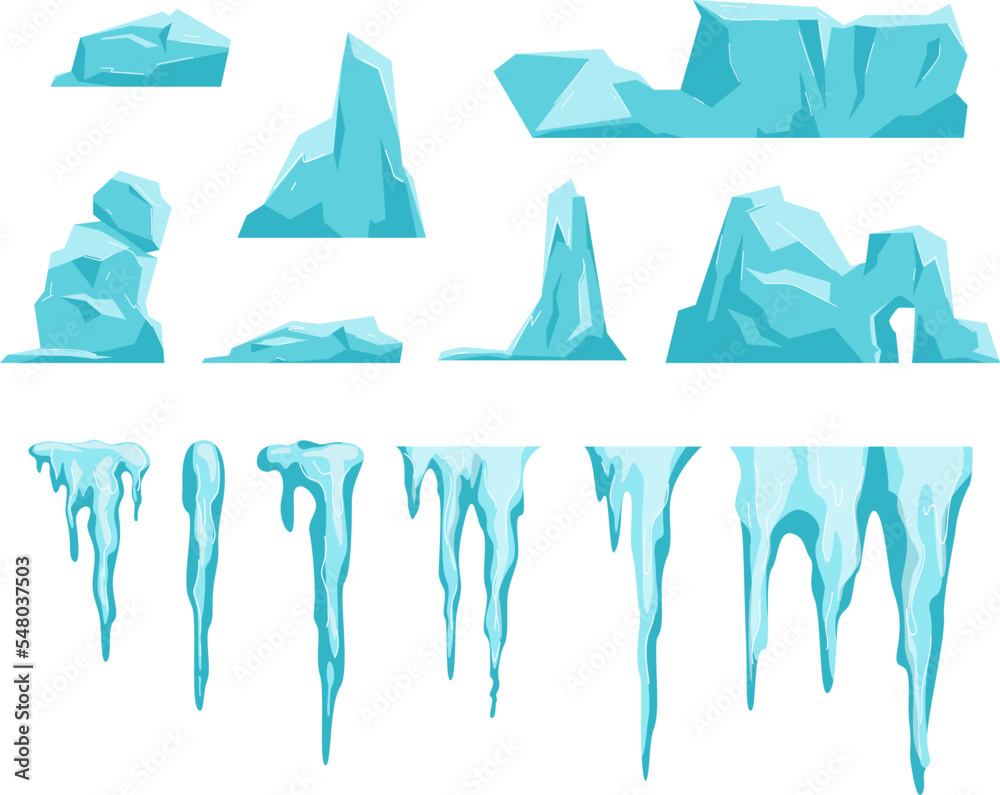 Pieces of ice and snow chunks, big icebergs, severe frost elements for