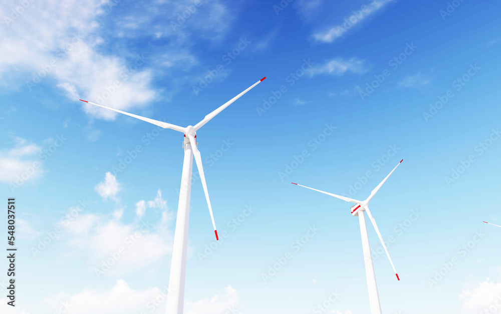 Wind farm for power generation in beautiful skies and swaying grass. Wind turbines produce clean renewable energy for sustainable development. 3d rendering. Wind farm for power generation in beautiful skies and swaying grass. Wind turbines produce clean renewable energy for sustainable development. 3d rendering.